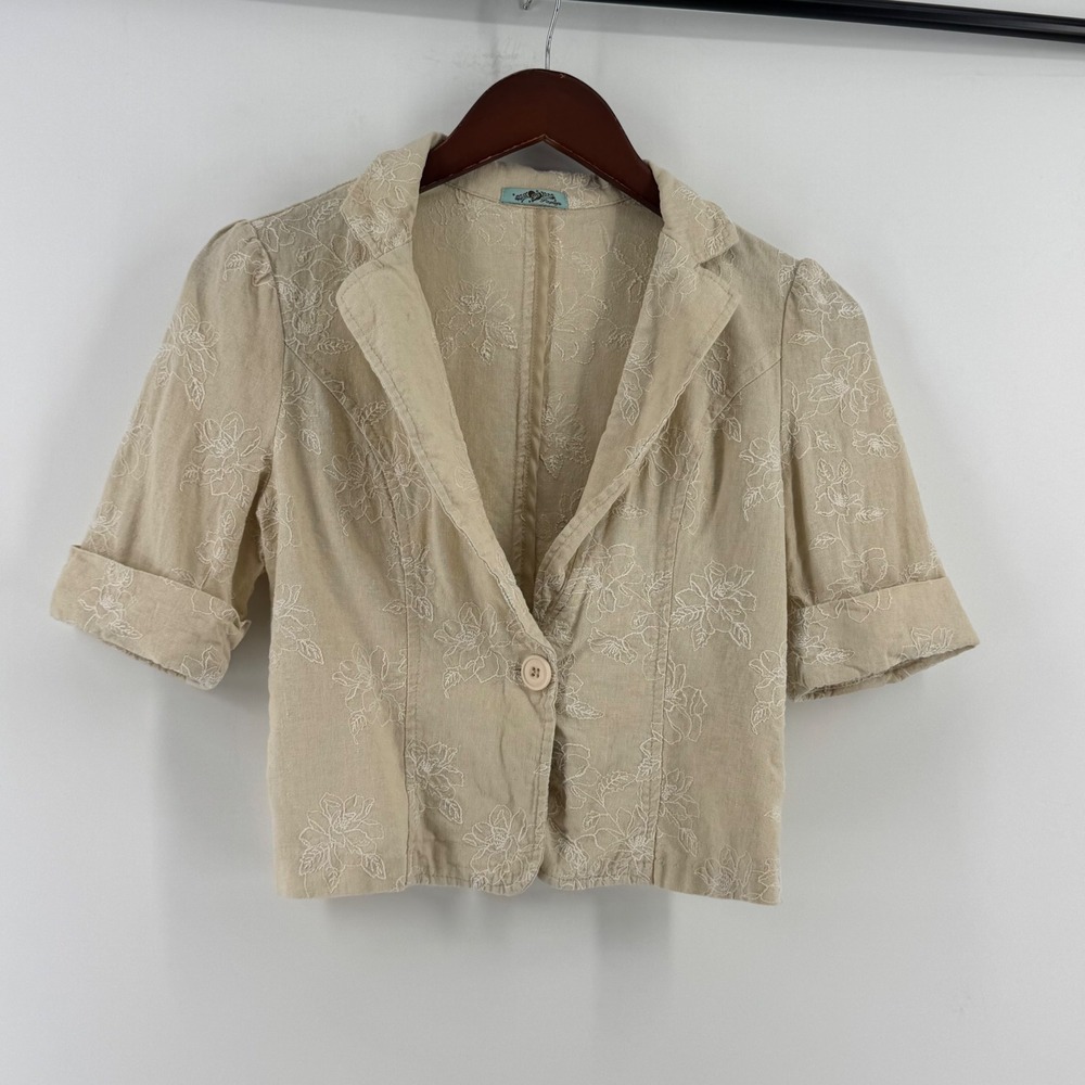 Papaya Beige‎ Linen Floral Embroidered Cropped Short Sleeve Blazer Jacket Large